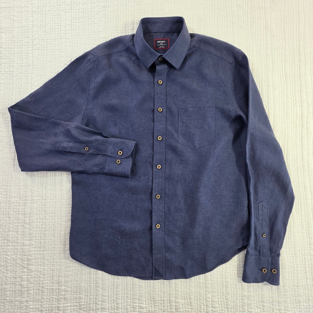 UNTUCKit Vin Santo Men's S Navy Button Down 100% Linen Wrinkle Resistant LN